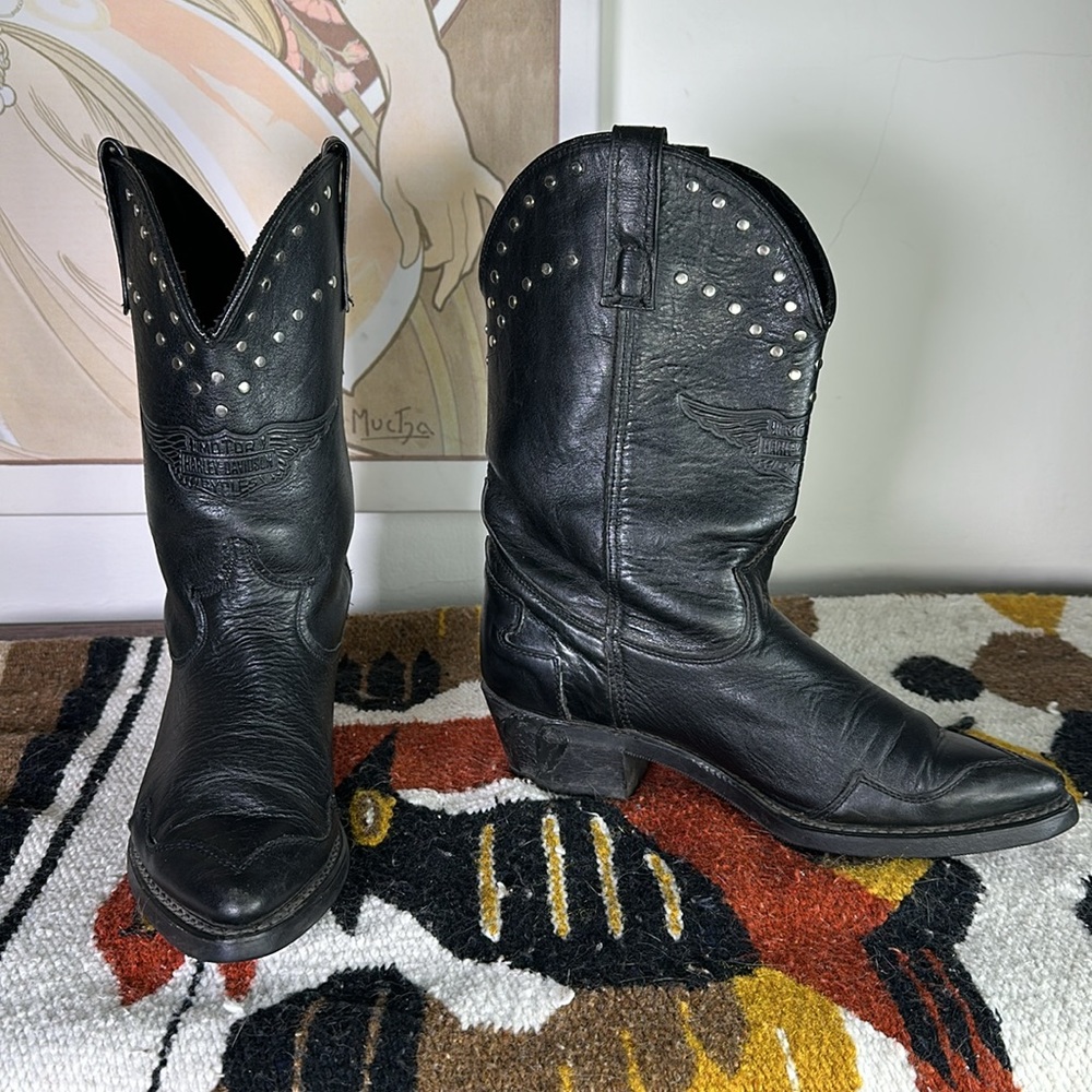 Women’s Vintage Black Leather Harley-Davidson Studded Cowboy Boots Size 8.5